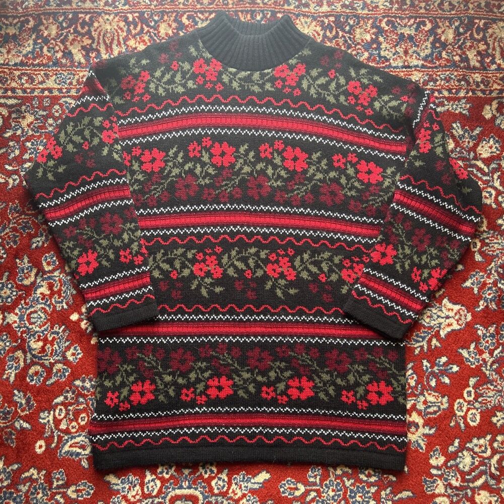 Vintage Made in USA Floral Fair Isle Striped Cottagecore Chunky Knit Sweater Med